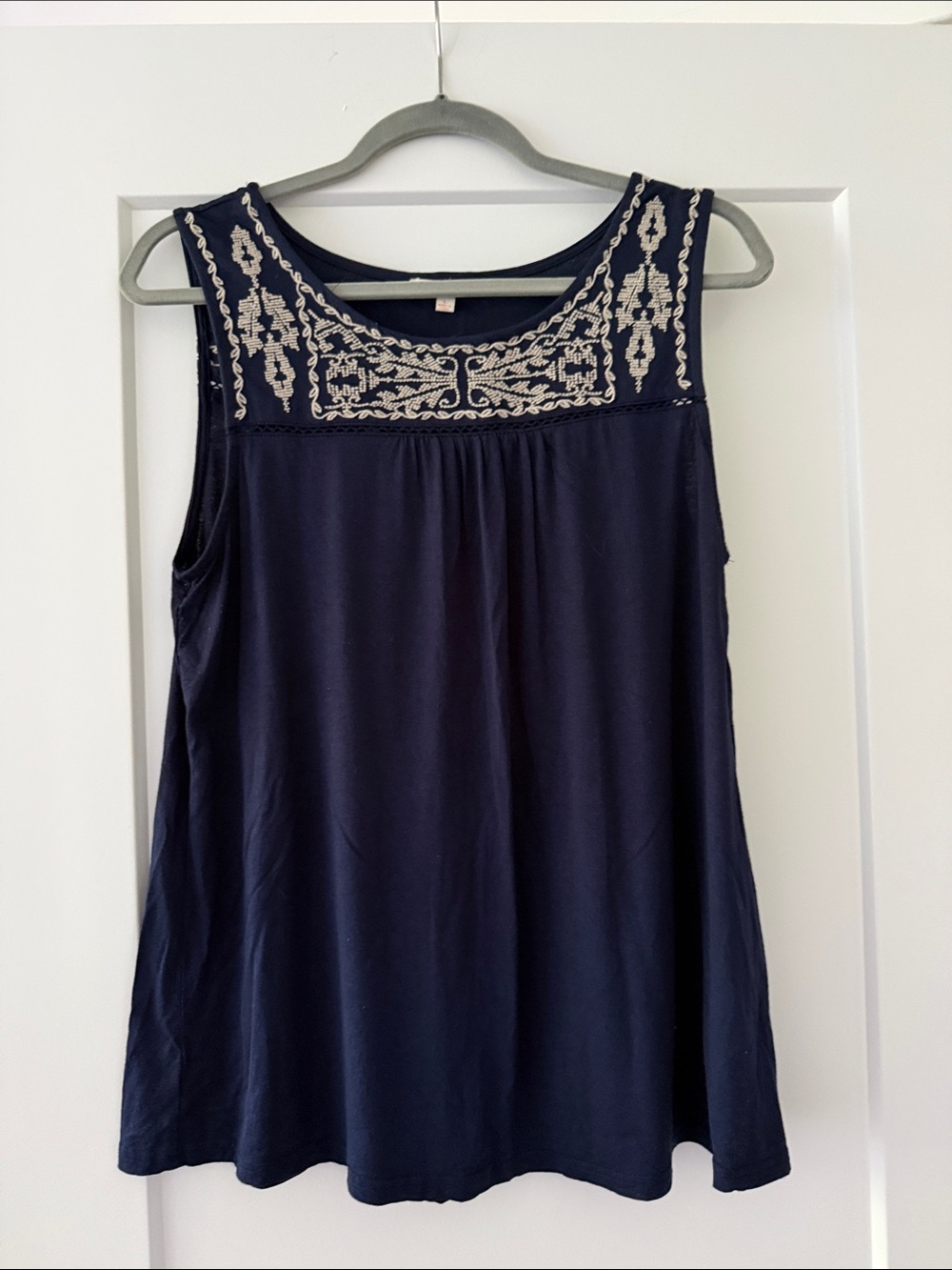 Skies Are Blue Navy Tank with Cream Embroidered Yoke Detail